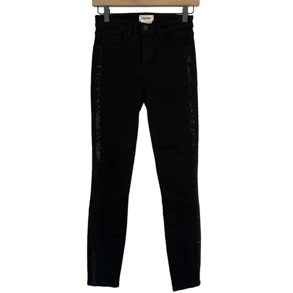NEW L'AGENCE Sz. 25 Black Noir Margot Jean High Rise Skinny Side Details Stretch - Picture 1 of 16